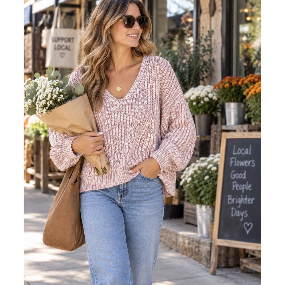 Baltic Born Pink Marled Chunky Knit V-Neck Sweater Womens Size Medium A1637SWBTB